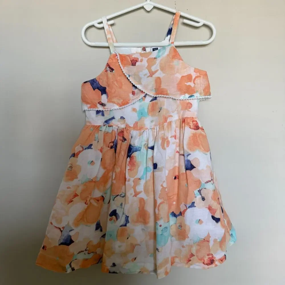 Janie And Jack Girls Floral Dress 5 Linen Sleeveless Lined Watercolor Pom Pom